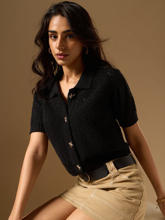Women Regular Fit Textured Black Shirts