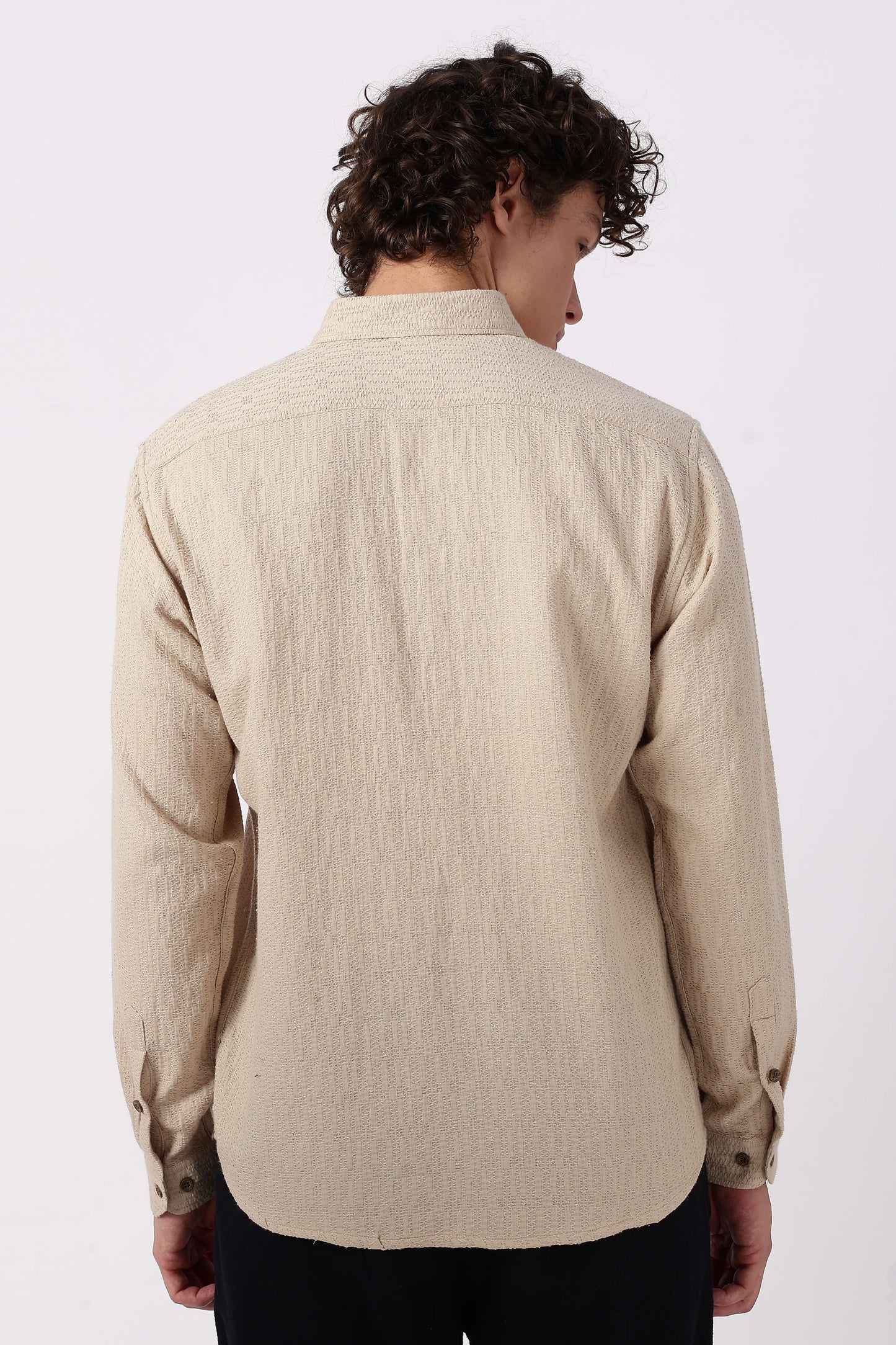 Orixta Premium Textured Beige Embroidered Cotton Casual Shirt for Men | Full Sleeve Regular Fit Designer Button-Down Shirt