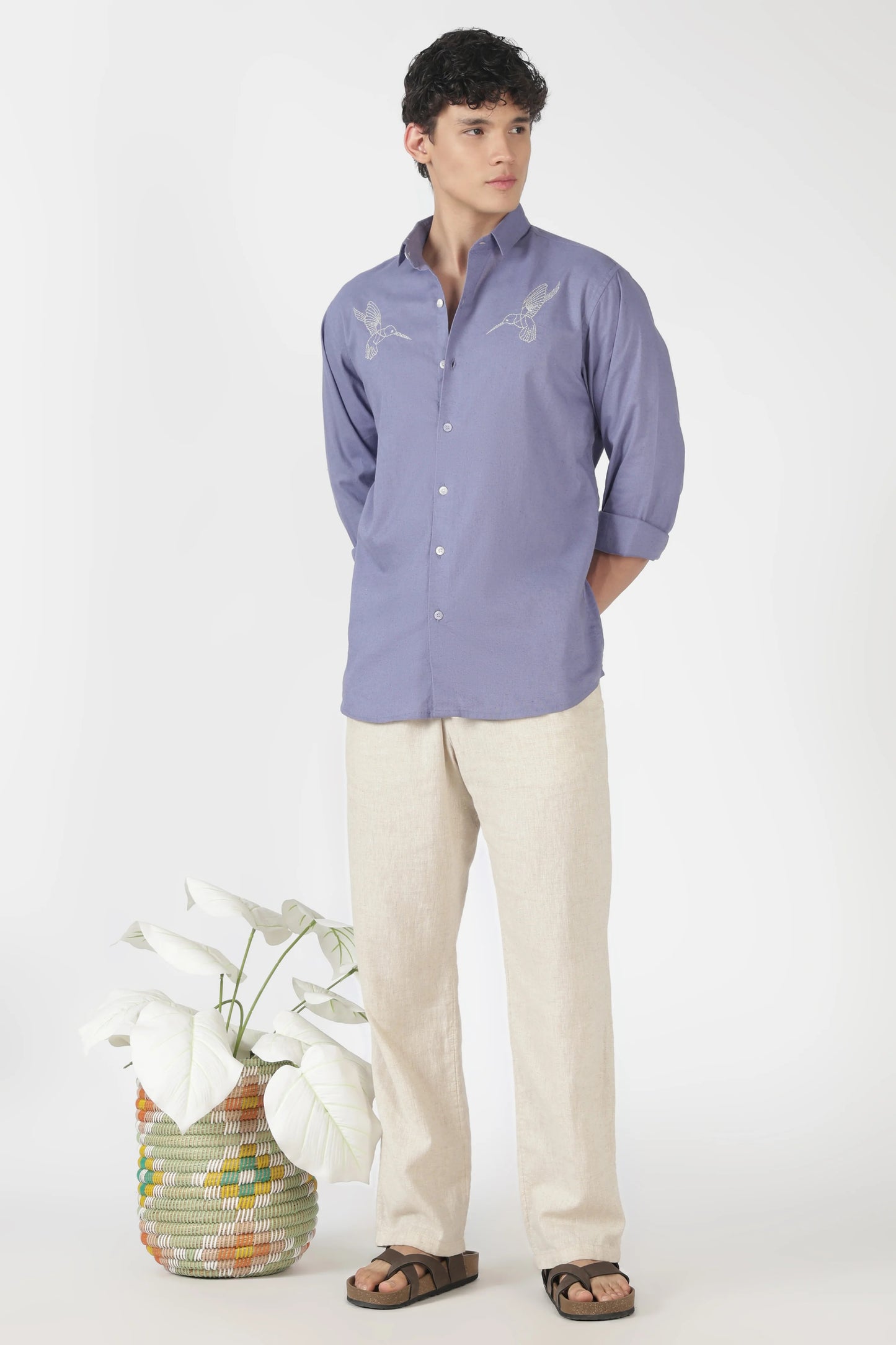 Orixta Premium Embroidered Lavender Cotton Casual Shirt for Men | Full Sleeve Regular Fit Designer Button-Down Shirt