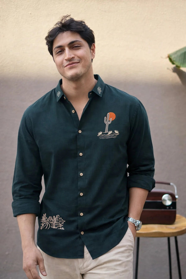 Orixta Premium Embroidered Desert Motif Cotton Casual Shirt for Men | Full Sleeve Stylish Regular Fit Button-Down Shirt