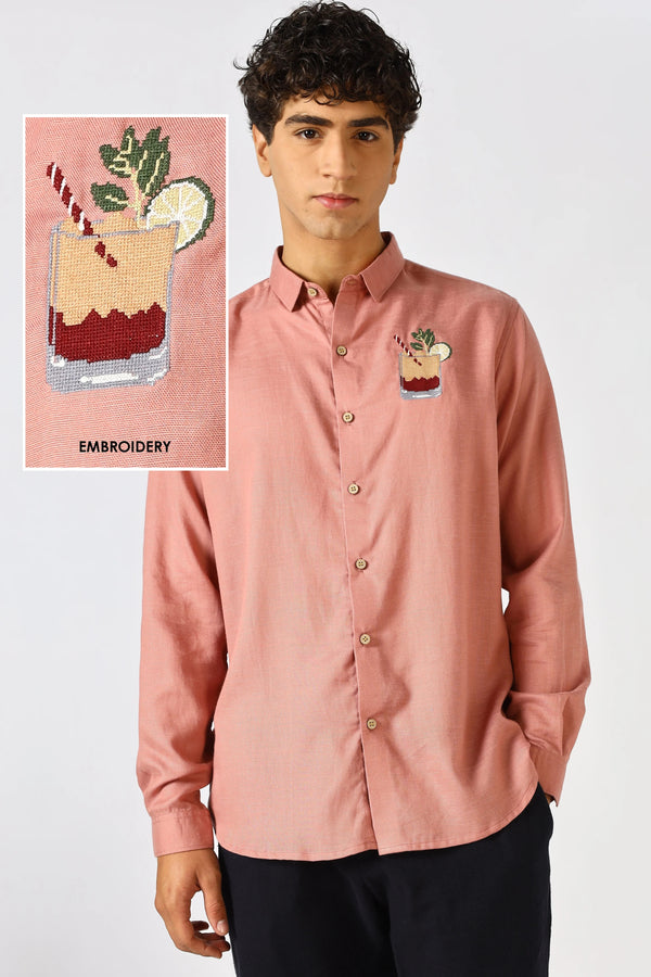 Orixta Premium Embroidered Pink Cotton Casual Shirt for Men | Full Sleeve Regular Fit Designer Button-Down Shirt