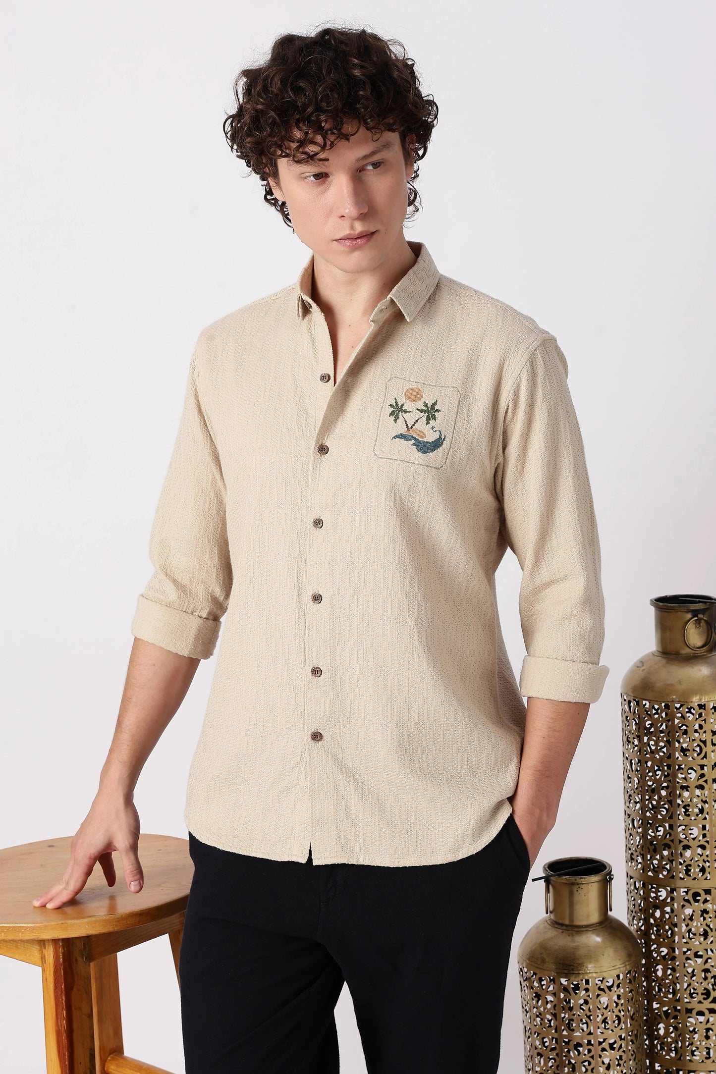 Orixta Premium Textured Beige Embroidered Cotton Casual Shirt for Men | Full Sleeve Regular Fit Designer Button-Down Shirt