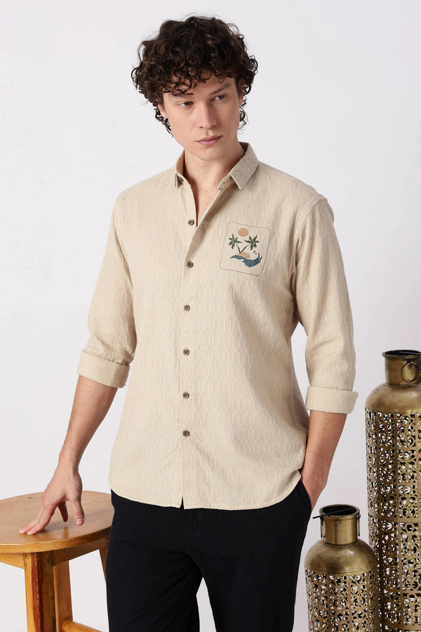 Orixta Premium Textured Beige Embroidered Cotton Casual Shirt for Men | Full Sleeve Regular Fit Designer Button-Down Shirt