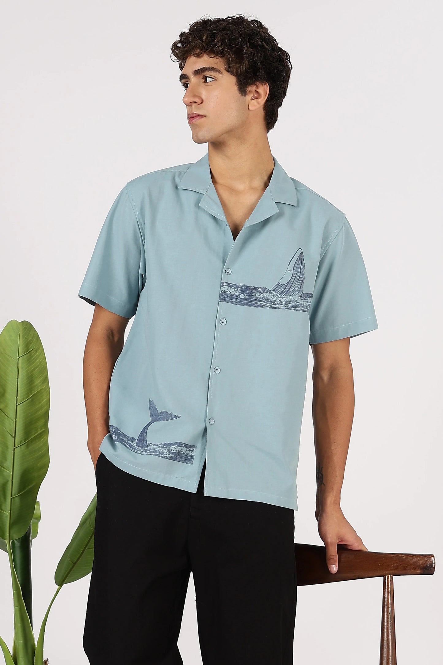 Orixta Premium Ocean Print Sky Blue Cotton Half Sleeve Resort Shirt for Men | Cuban Collar Relaxed Fit Summer Casual Shirt