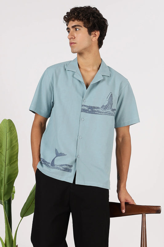 Orixta Premium Ocean Print Sky Blue Cotton Half Sleeve Resort Shirt for Men | Cuban Collar Relaxed Fit Summer Casual Shirt