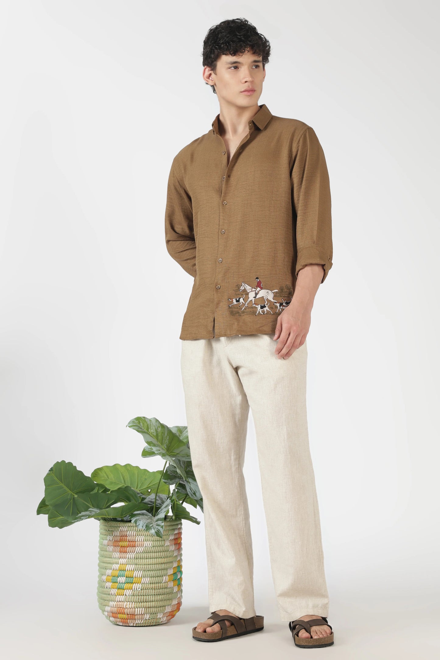 Orixta Premium Brown Embroidered Cotton Casual Shirt for Men | Full Sleeve Regular Fit Designer Button-Down Shirt
