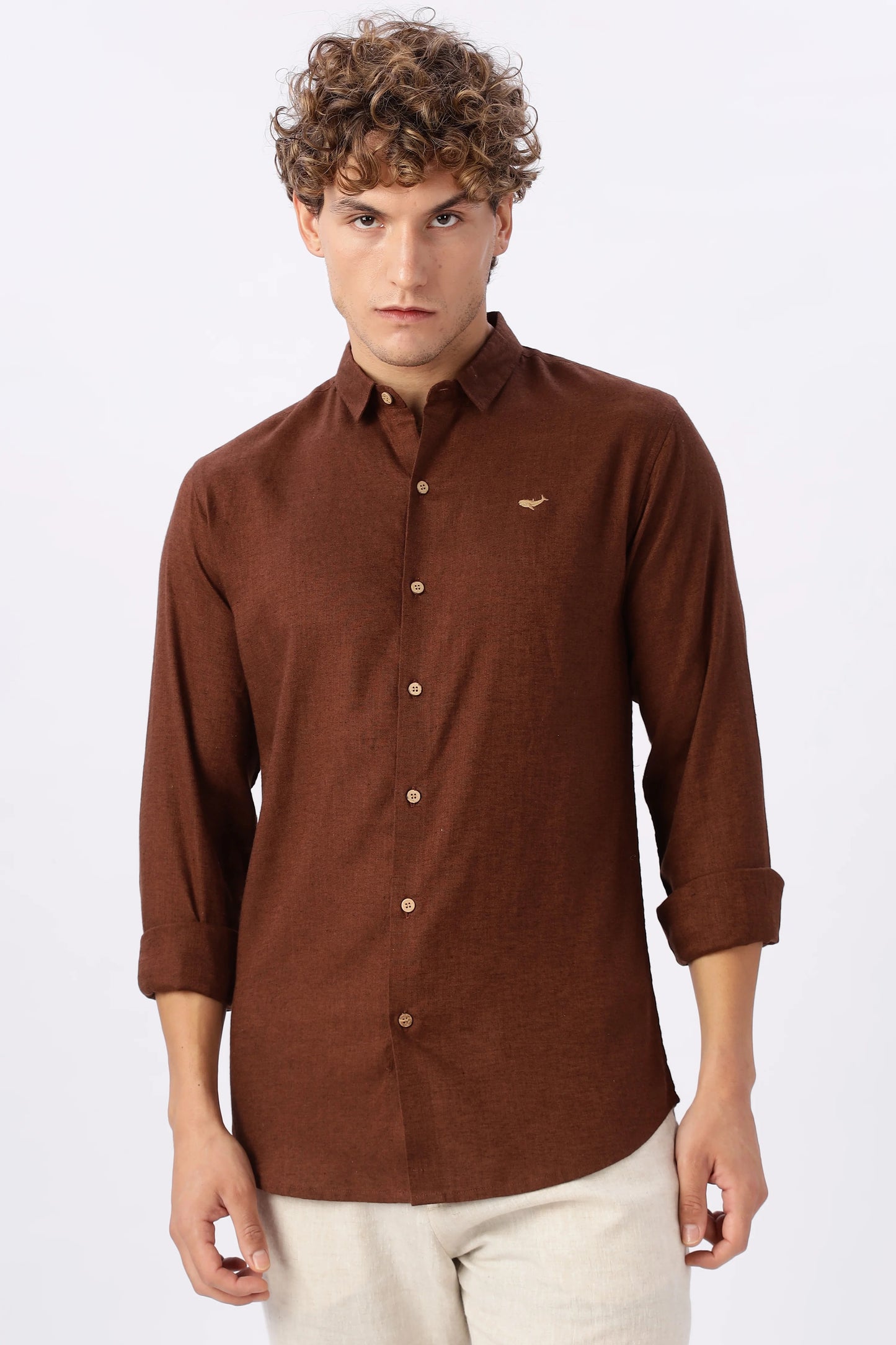 Orixta Premium Solid Brown Cotton Linen Casual Shirt for Men | Full Sleeve Regular Fit Button-Down Classic Shirt
