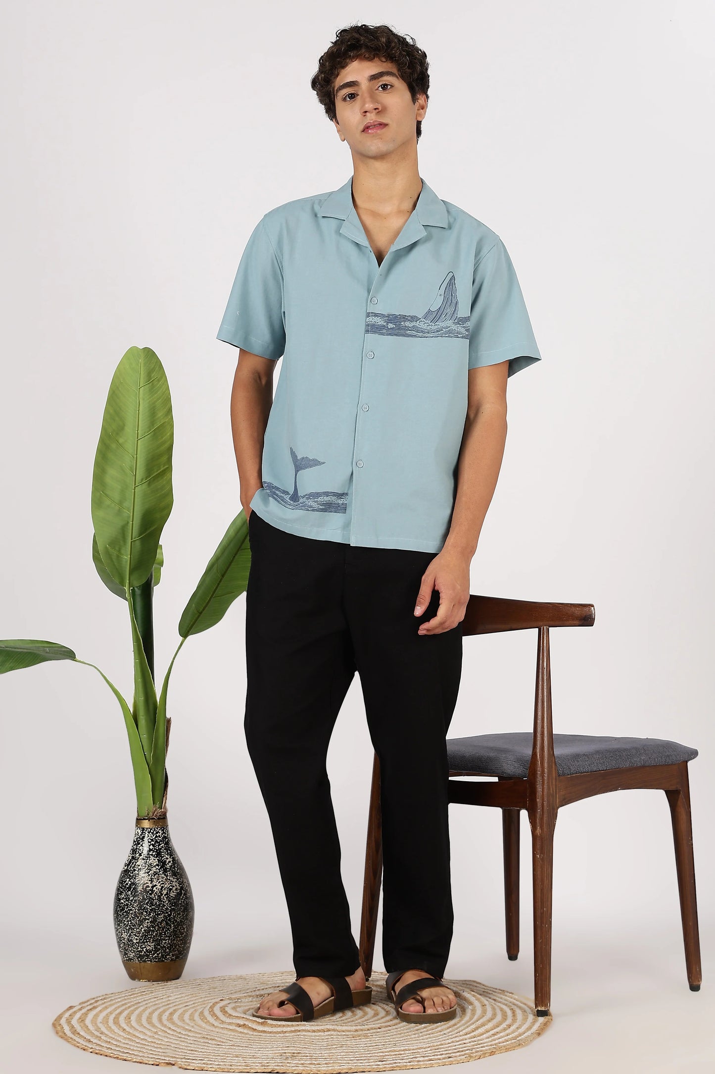 Orixta Premium Ocean Print Sky Blue Cotton Half Sleeve Resort Shirt for Men | Cuban Collar Relaxed Fit Summer Casual Shirt