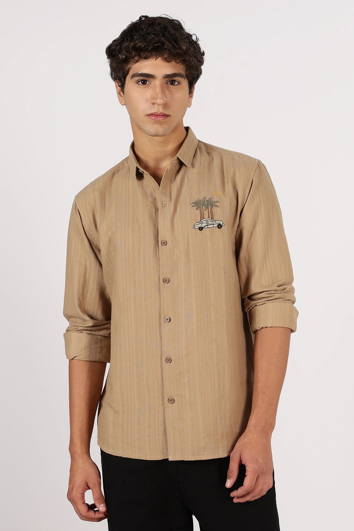 Orixta Premium Beige Embroidered Cotton Casual Shirt for Men | Full Sleeve Regular Fit Button-Down Designer Shirt