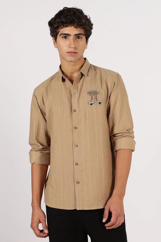 Orixta Premium Beige Embroidered Cotton Casual Shirt for Men | Full Sleeve Regular Fit Button-Down Designer Shirt