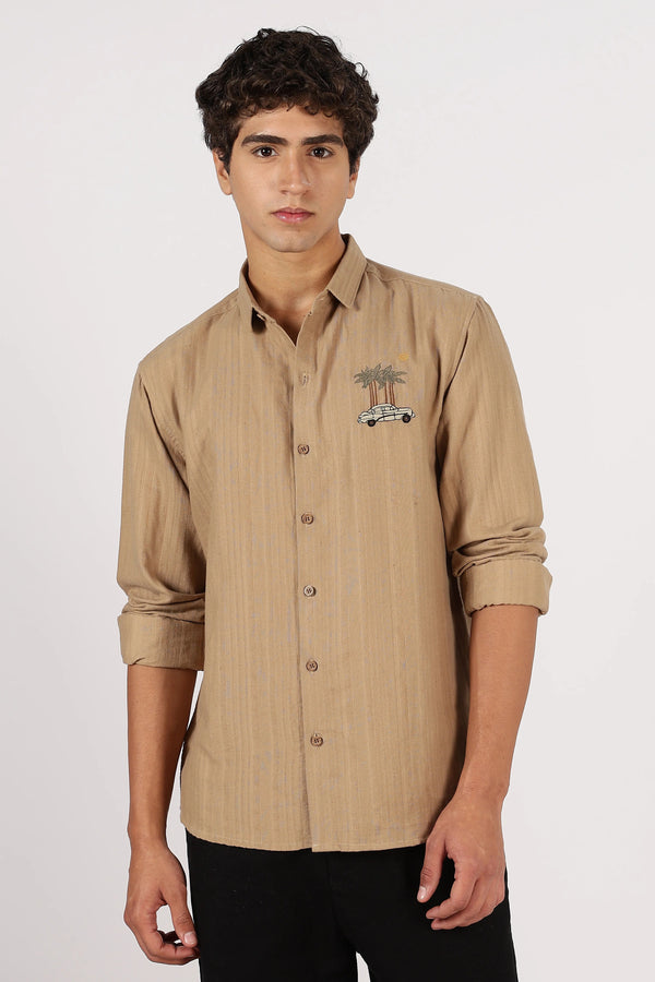 Orixta Premium Beige Embroidered Cotton Casual Shirt for Men | Full Sleeve Regular Fit Button-Down Designer Shirt