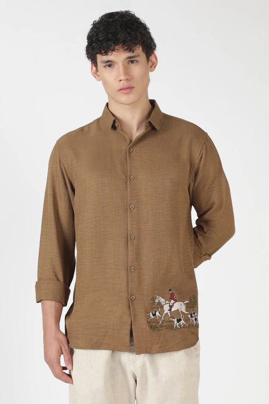 Orixta Premium Brown Embroidered Cotton Casual Shirt for Men | Full Sleeve Regular Fit Designer Button-Down Shirt